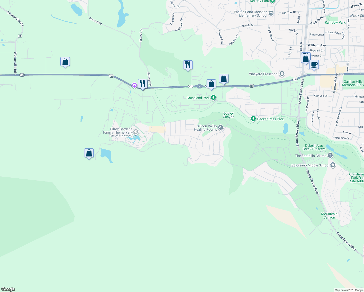 map of restaurants, bars, coffee shops, grocery stores, and more near 2870 Berwick Avenue in Gilroy