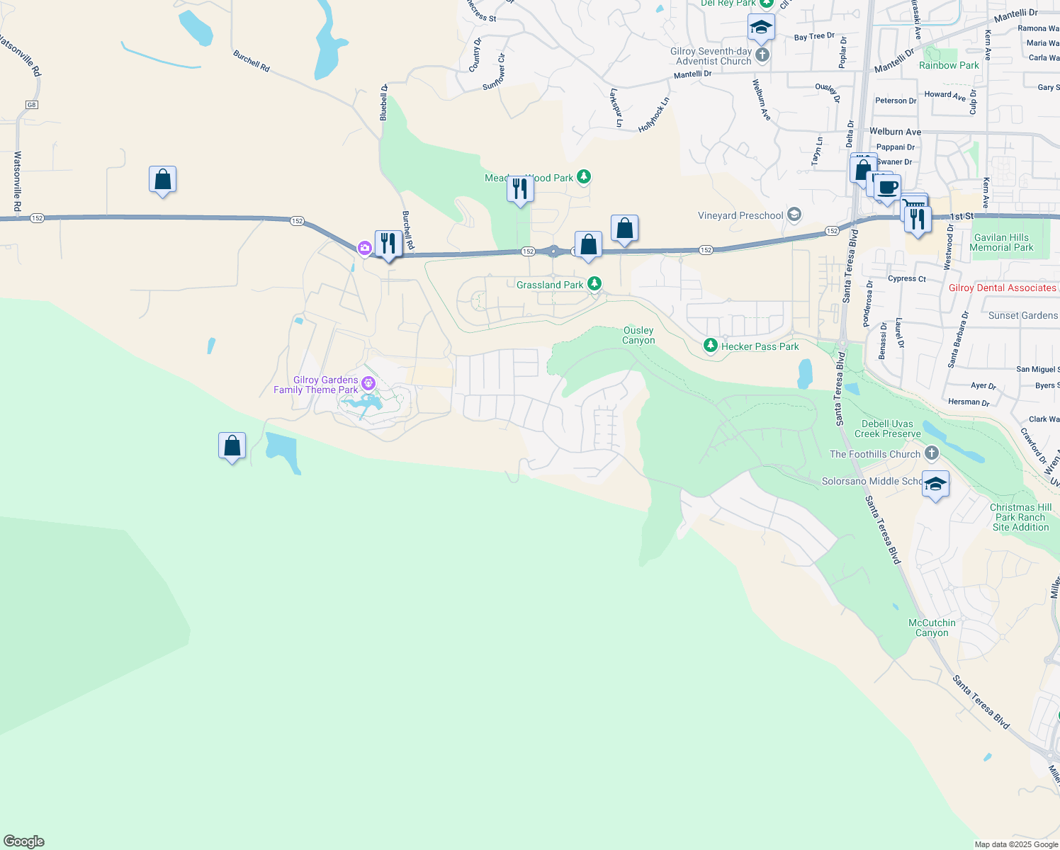 map of restaurants, bars, coffee shops, grocery stores, and more near 2820 Berwick Avenue in Gilroy