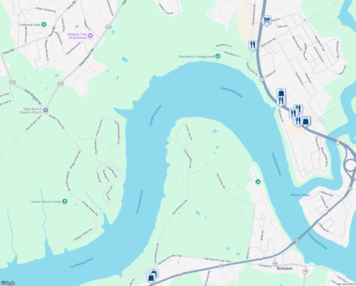 map of restaurants, bars, coffee shops, grocery stores, and more near 366 Old Waitsboro Rd in Bronston