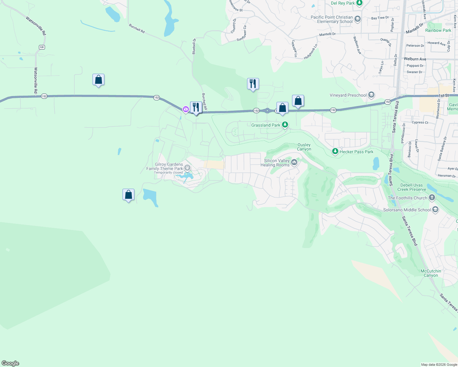 map of restaurants, bars, coffee shops, grocery stores, and more near 2890 Berwick Avenue in Gilroy