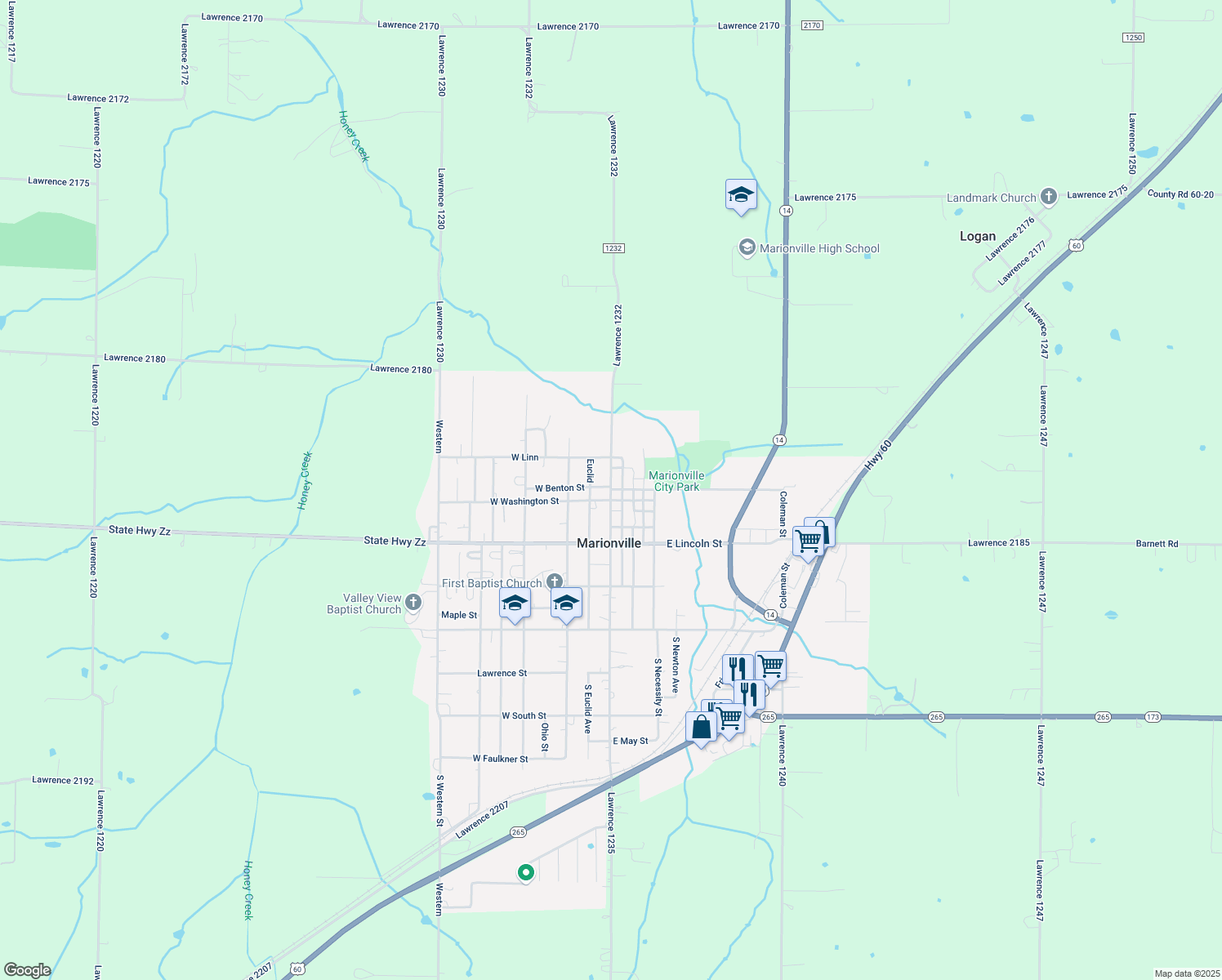 map of restaurants, bars, coffee shops, grocery stores, and more near Central Ave in Marionville