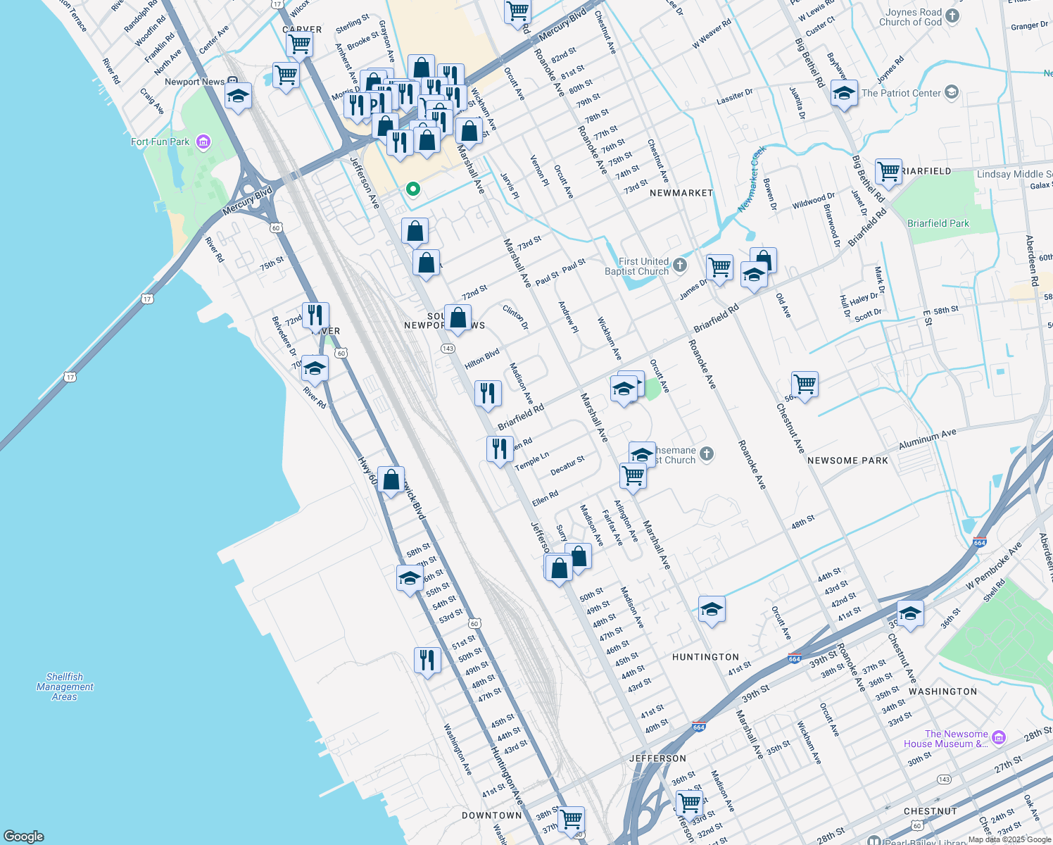 map of restaurants, bars, coffee shops, grocery stores, and more near 620 Briarfield Road in Newport News