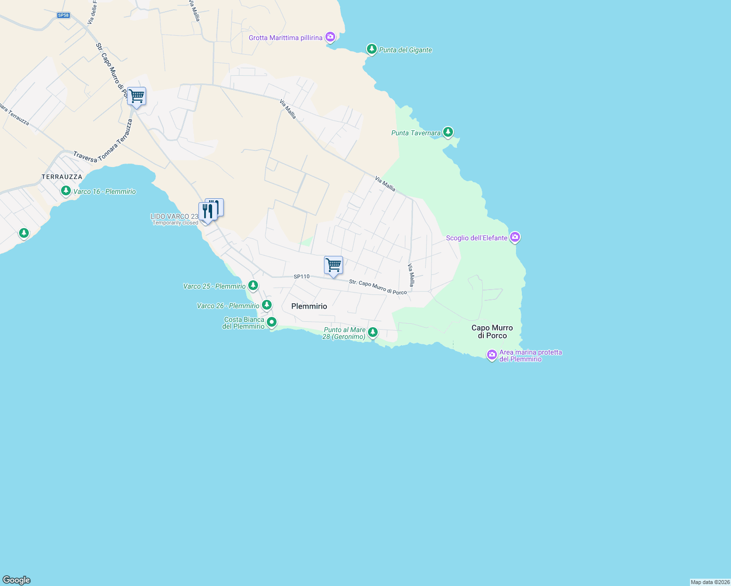 map of restaurants, bars, coffee shops, grocery stores, and more near 35 Via dei Cristalli in Plemmirio