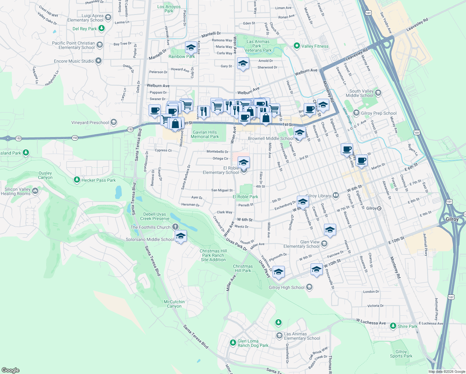 map of restaurants, bars, coffee shops, grocery stores, and more near 7615 Wren Ave in Gilroy