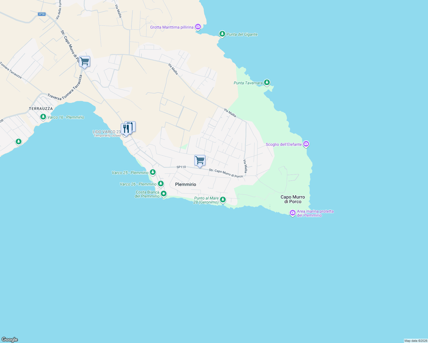 map of restaurants, bars, coffee shops, grocery stores, and more near 35 Via dei Cristalli in Plemmirio