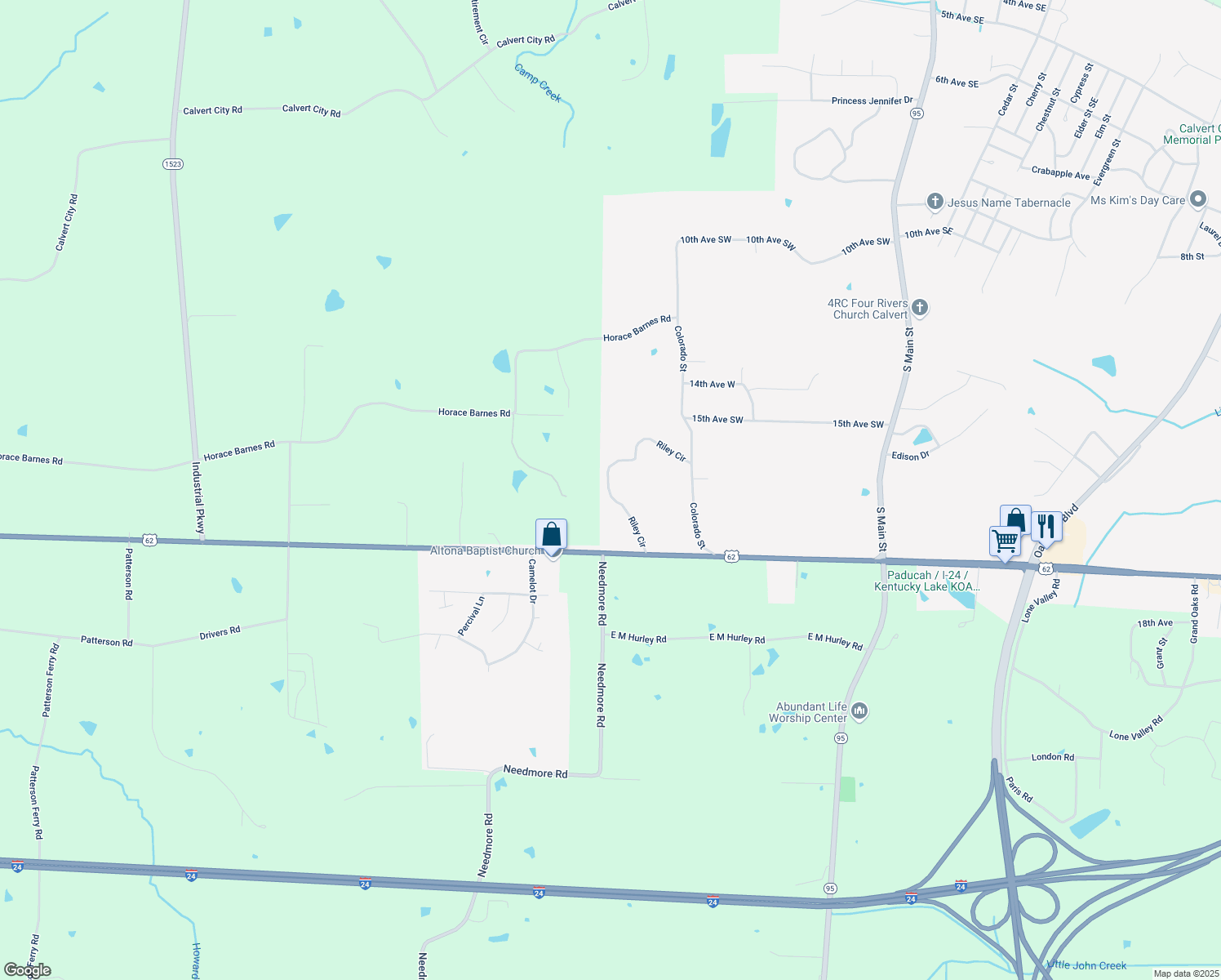 map of restaurants, bars, coffee shops, grocery stores, and more near 628 Riley Cir in Calvert City
