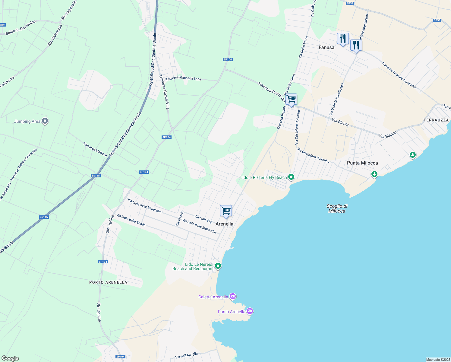 map of restaurants, bars, coffee shops, grocery stores, and more near Via Isola Tasmania in Arenella