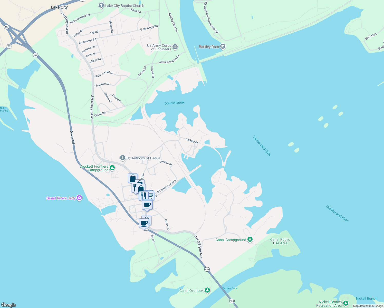 map of restaurants, bars, coffee shops, grocery stores, and more near 263 Green Turtle Bay Drive in Grand Rivers