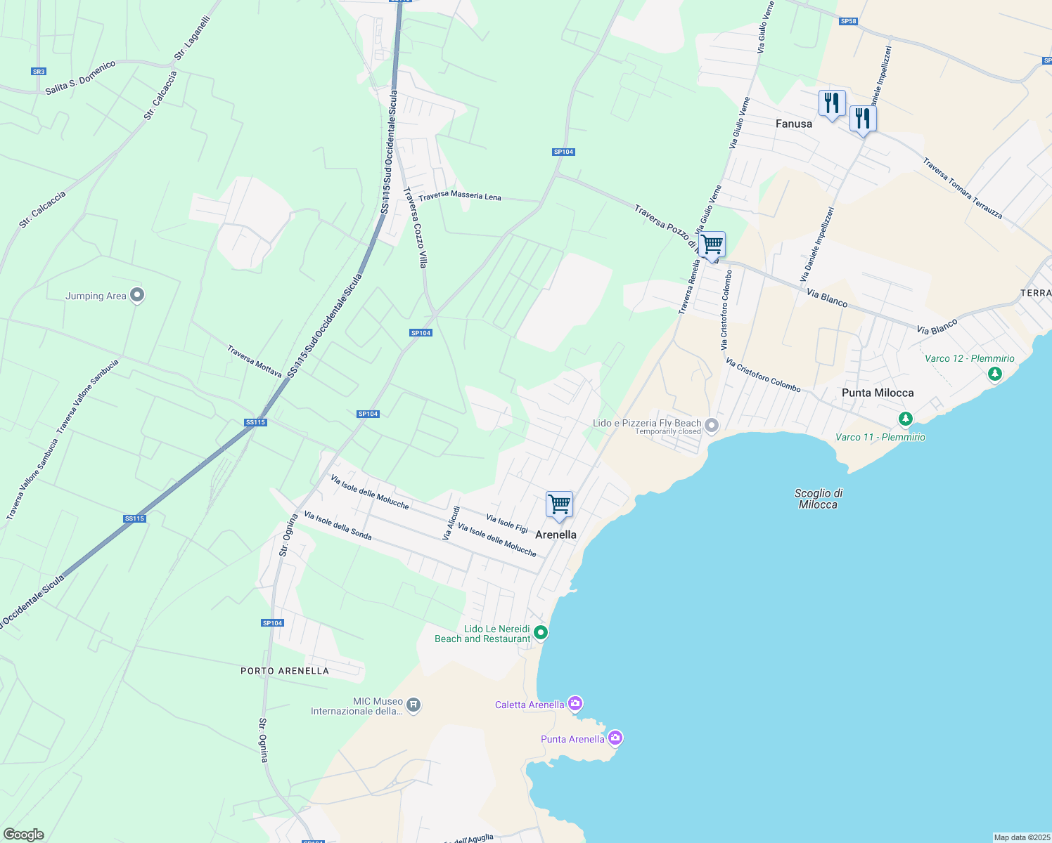 map of restaurants, bars, coffee shops, grocery stores, and more near 16 Via Isola Tasmania in Arenella