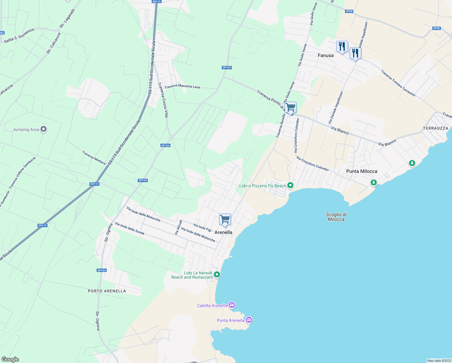 map of restaurants, bars, coffee shops, grocery stores, and more near Via Isola Tasmania in Arenella