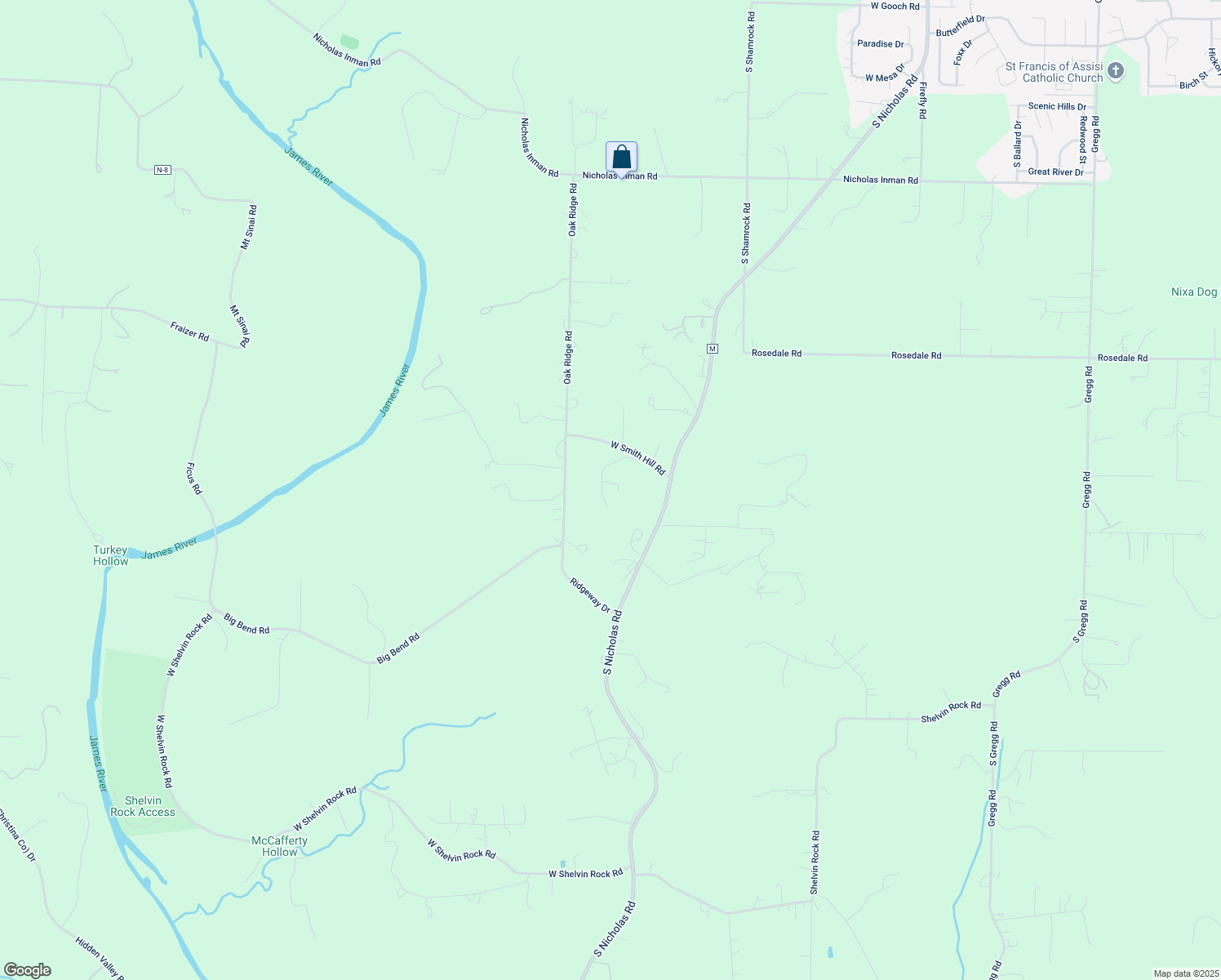 map of restaurants, bars, coffee shops, grocery stores, and more near 1340 Brookview Lane in Nixa