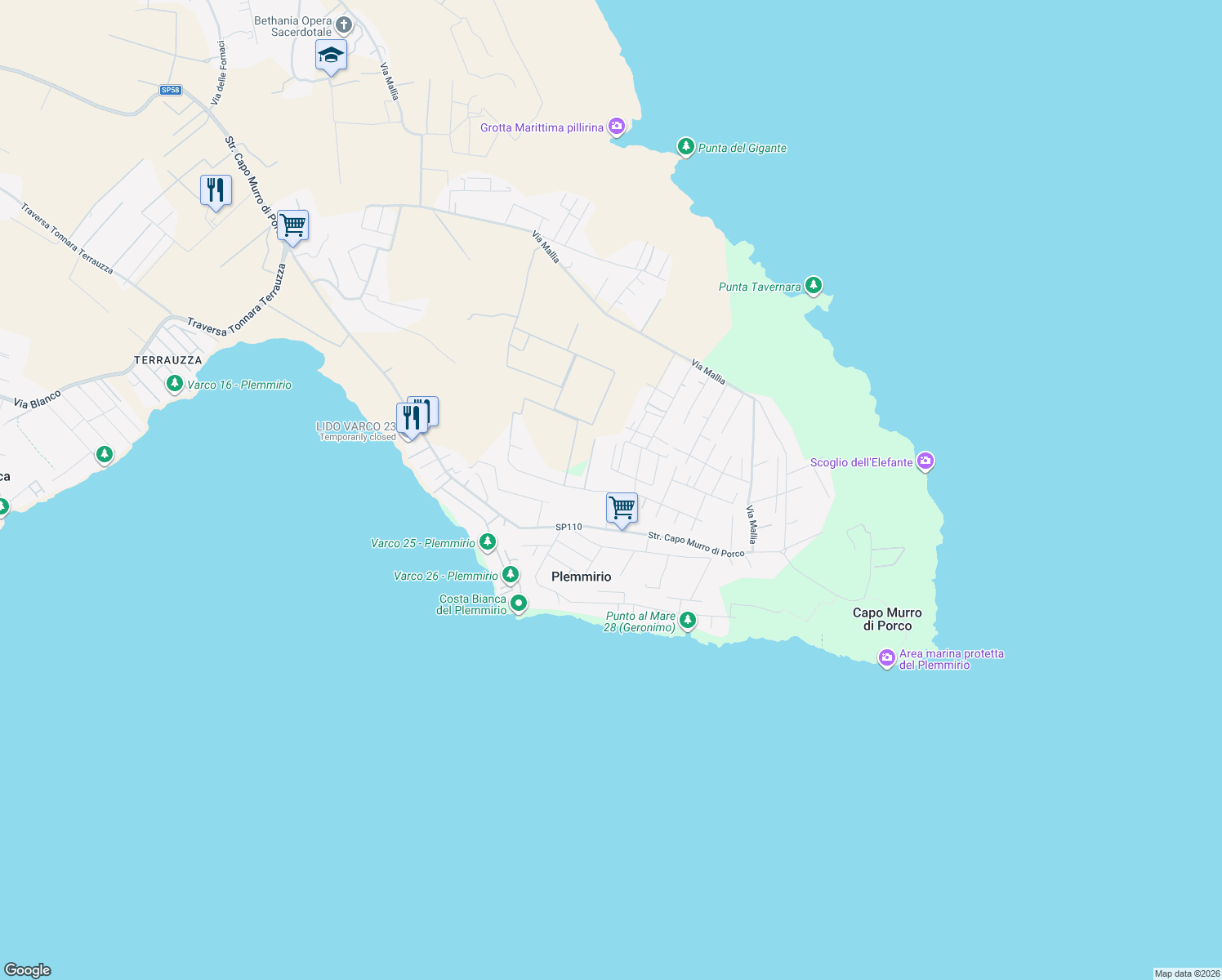 map of restaurants, bars, coffee shops, grocery stores, and more near 4 Via Capo San Marco in Libero consorzio comunale di Siracusa