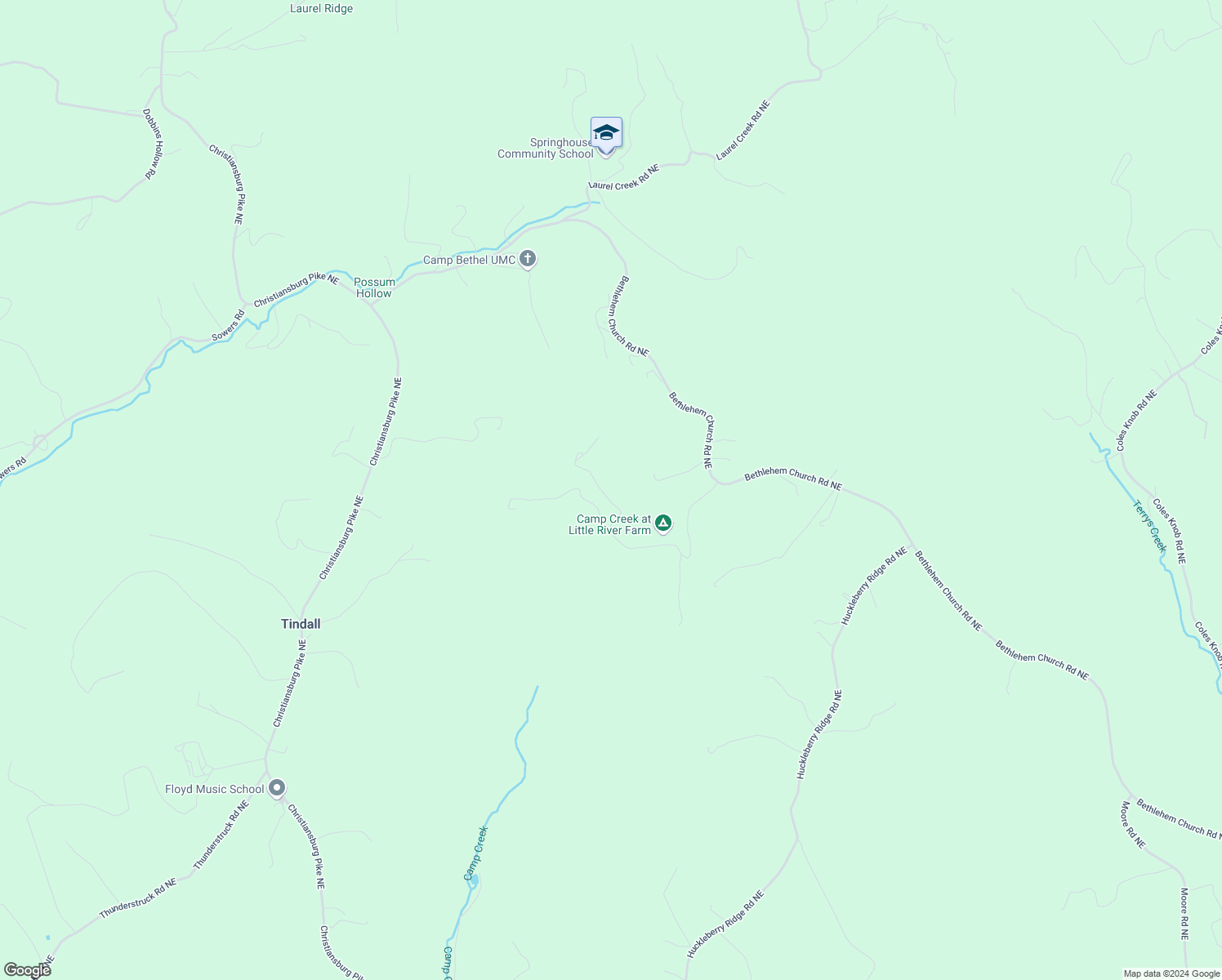map of restaurants, bars, coffee shops, grocery stores, and more near 3368 Bethlehem Church Road Northeast in Floyd