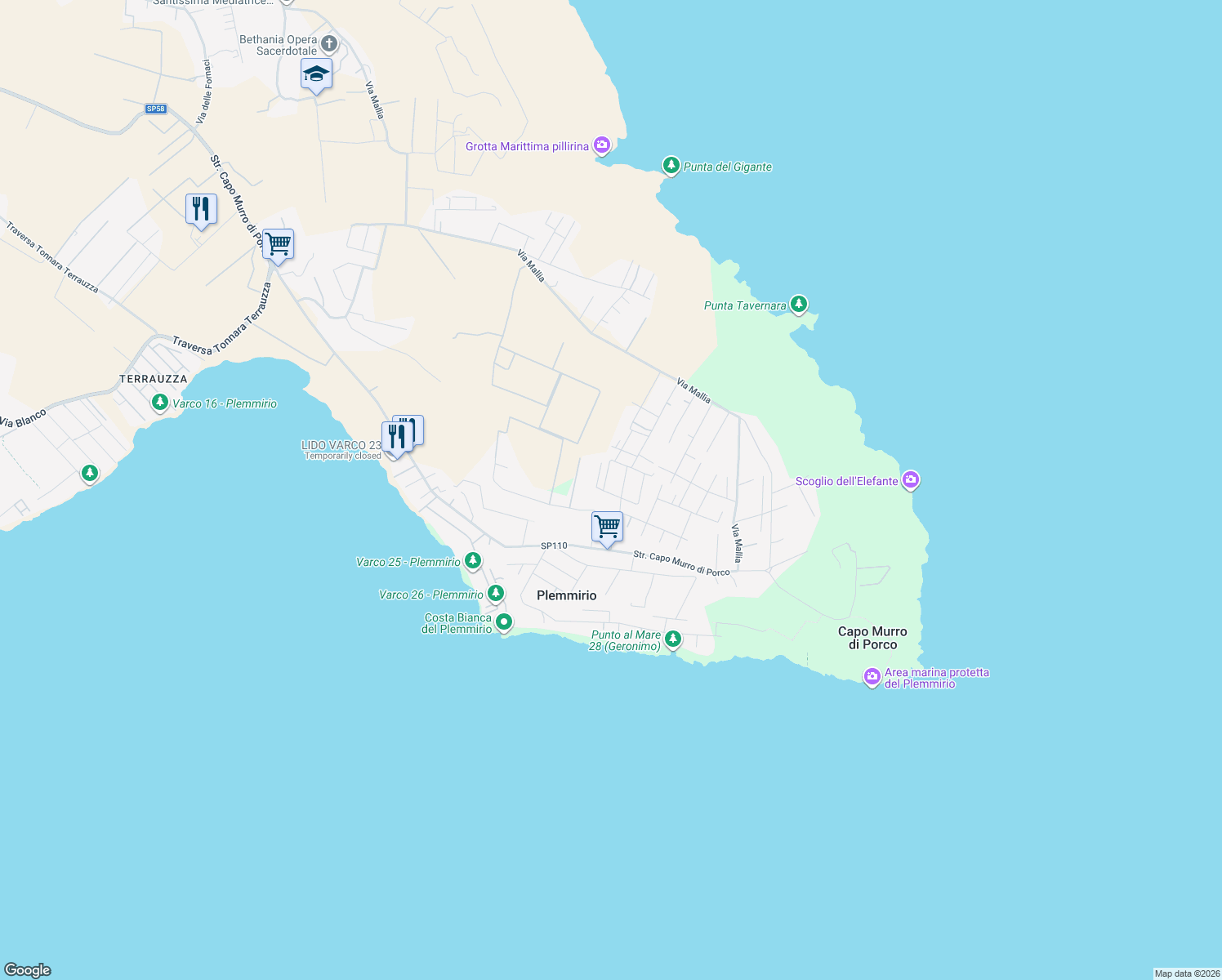 map of restaurants, bars, coffee shops, grocery stores, and more near 4 Via Capo San Marco in Libero consorzio comunale di Siracusa