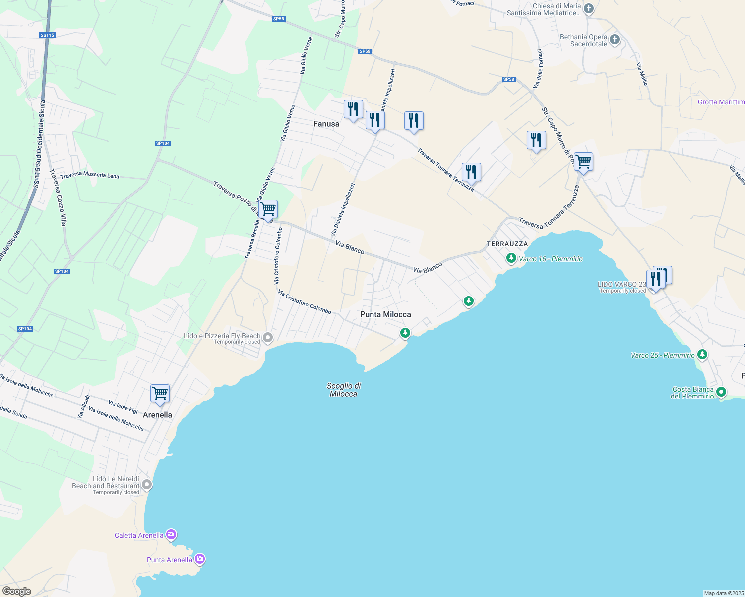 map of restaurants, bars, coffee shops, grocery stores, and more near 14 Via degli Argonauti in Punta Milocca
