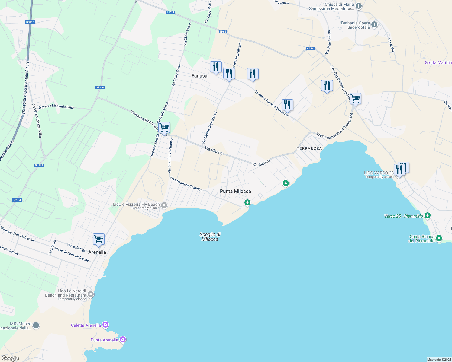 map of restaurants, bars, coffee shops, grocery stores, and more near 14 Via degli Argonauti in Punta Milocca