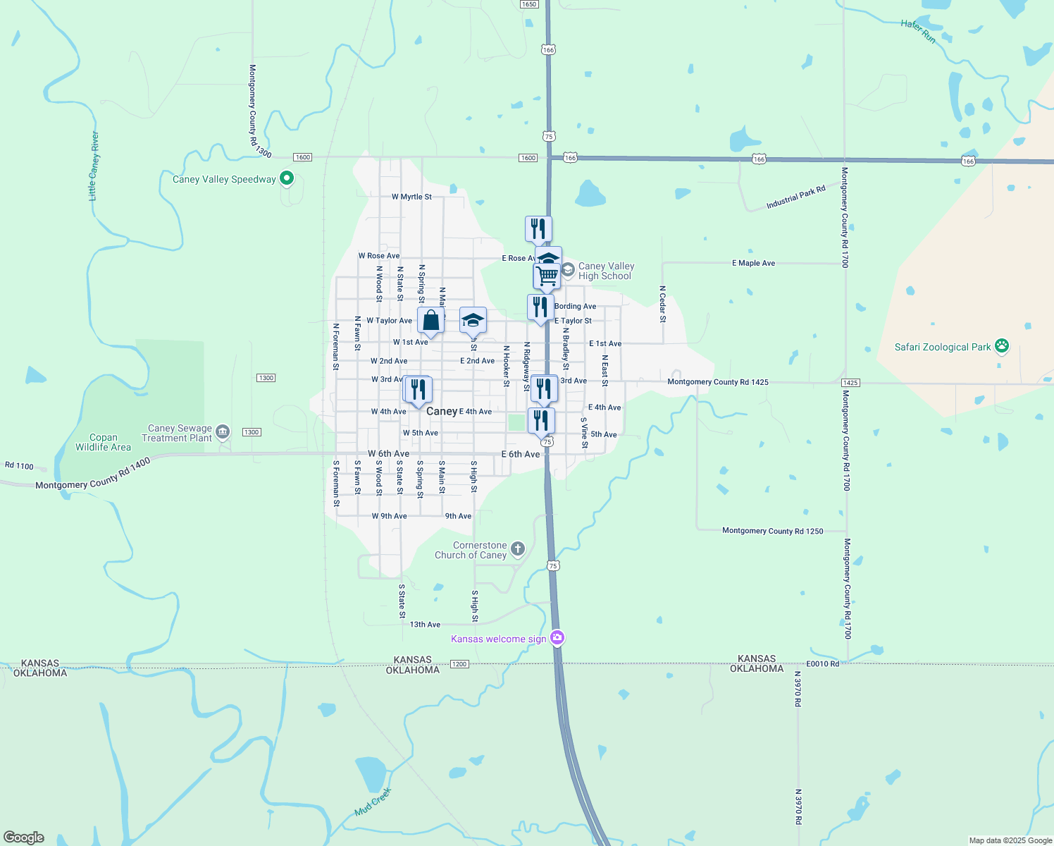 map of restaurants, bars, coffee shops, grocery stores, and more near 150 Ridgeway Street in Caney