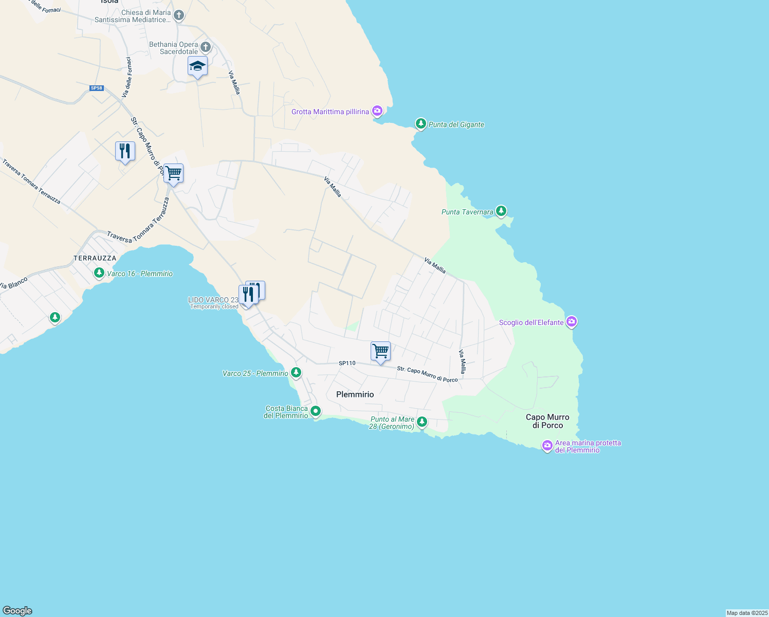 map of restaurants, bars, coffee shops, grocery stores, and more near 30 Via del Cromo in Libero consorzio comunale di Siracusa
