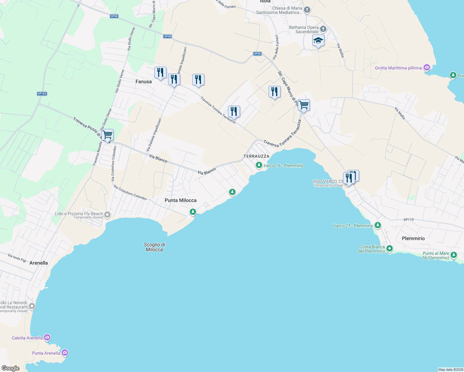map of restaurants, bars, coffee shops, grocery stores, and more near 25 Via Giovanni da Verrazzano in Libero consorzio comunale di Siracusa