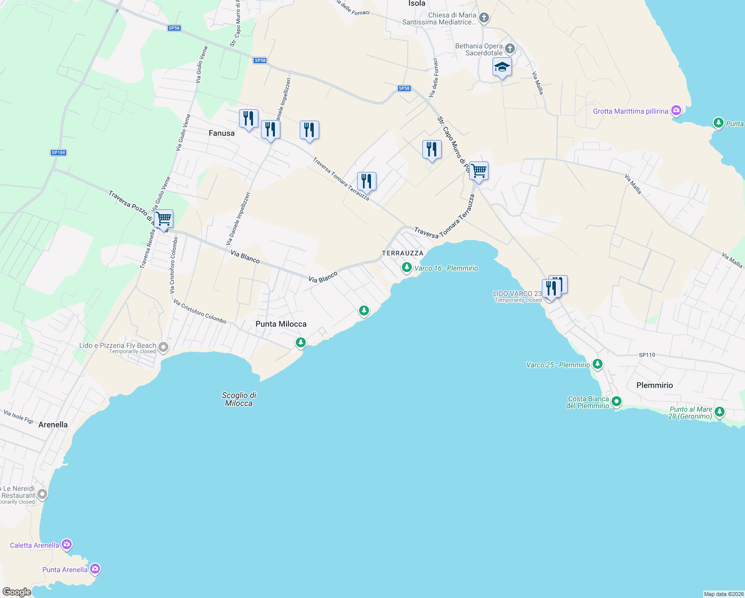 map of restaurants, bars, coffee shops, grocery stores, and more near 25 Via Giovanni da Verrazzano in Libero consorzio comunale di Siracusa
