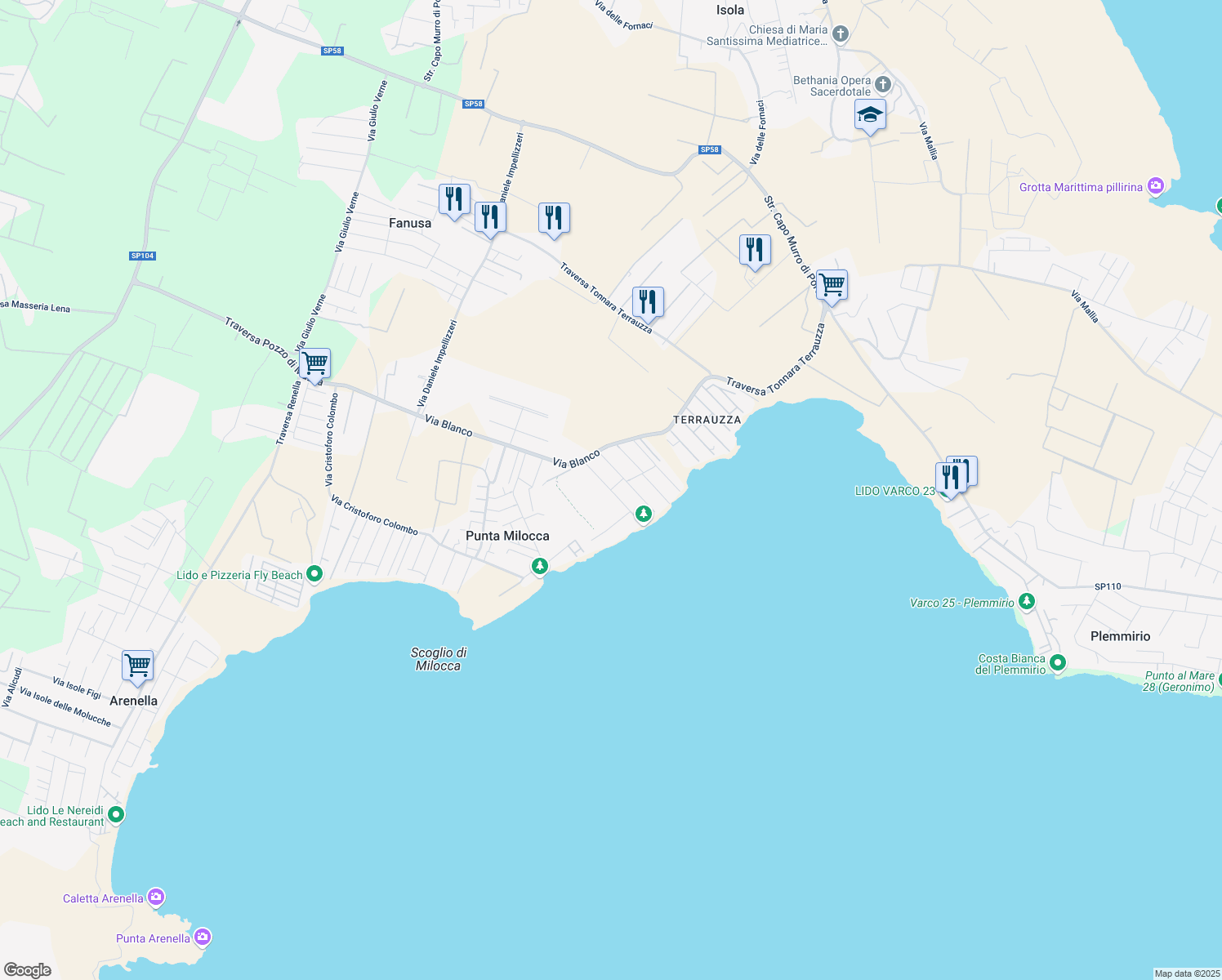 map of restaurants, bars, coffee shops, grocery stores, and more near Via Vasco de Gama in Punta Milocca