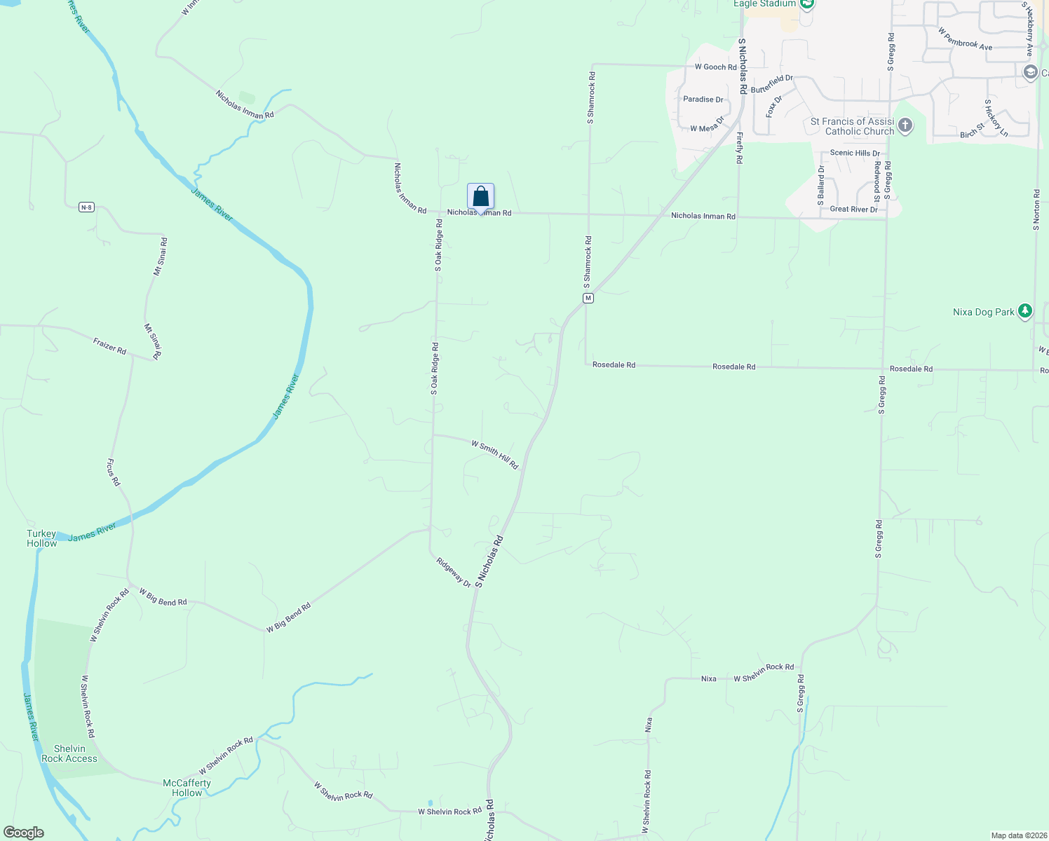 map of restaurants, bars, coffee shops, grocery stores, and more near 1195 South Nicholas Road in Nixa