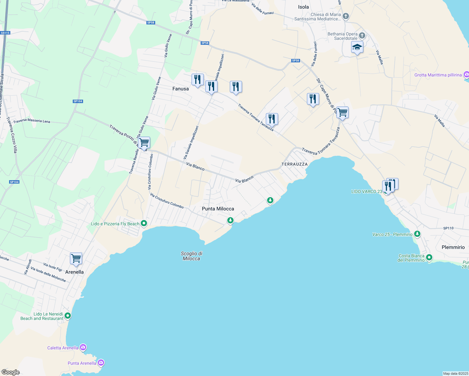 map of restaurants, bars, coffee shops, grocery stores, and more near 8 Via Blanco in Punta Milocca