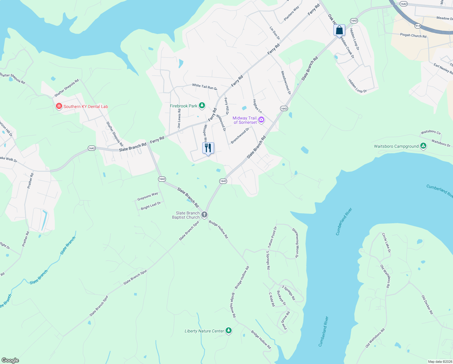 map of restaurants, bars, coffee shops, grocery stores, and more near 2475 Slate Branch Road in Somerset