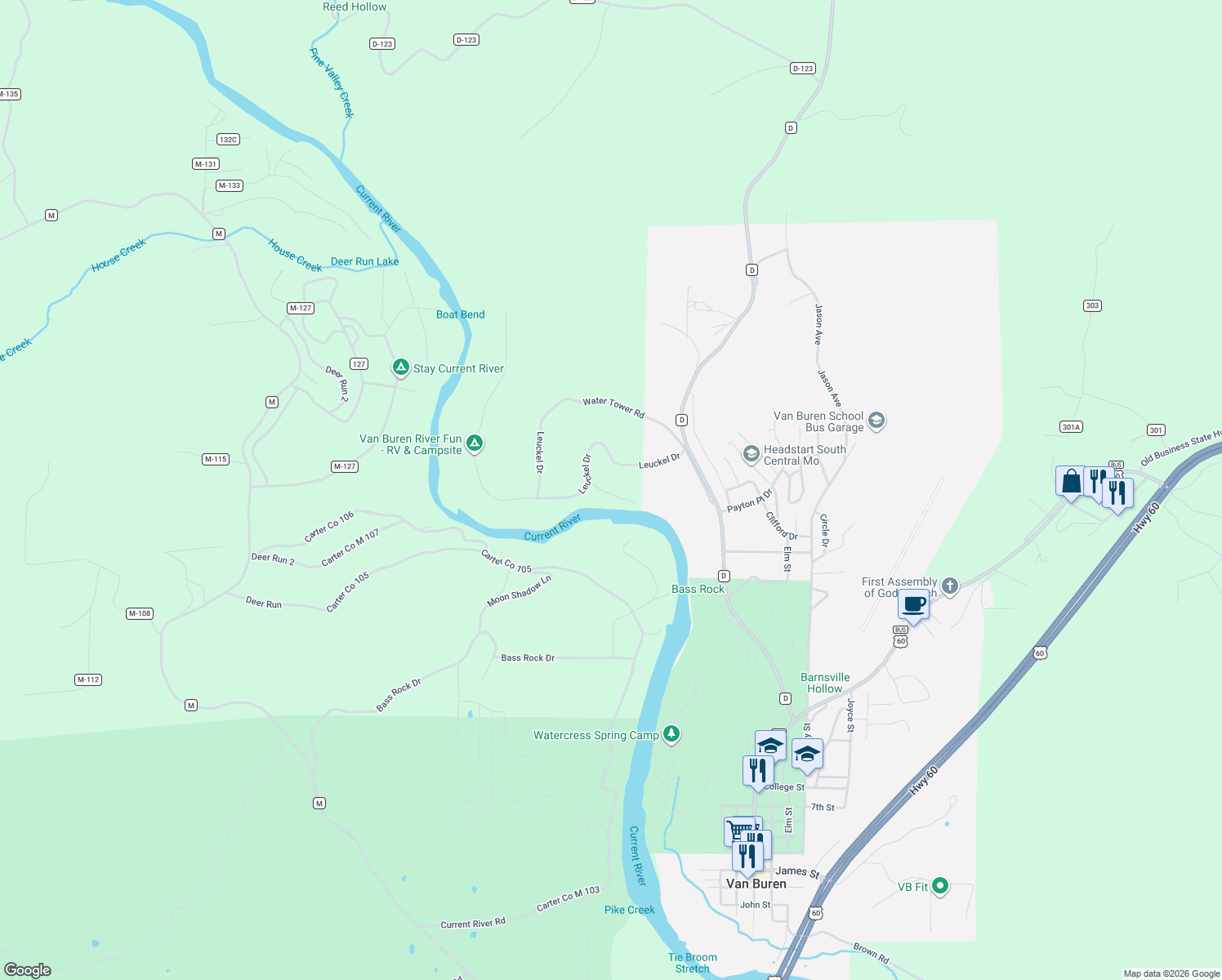 map of restaurants, bars, coffee shops, grocery stores, and more near 69 Rich Bark Lane in Van Buren