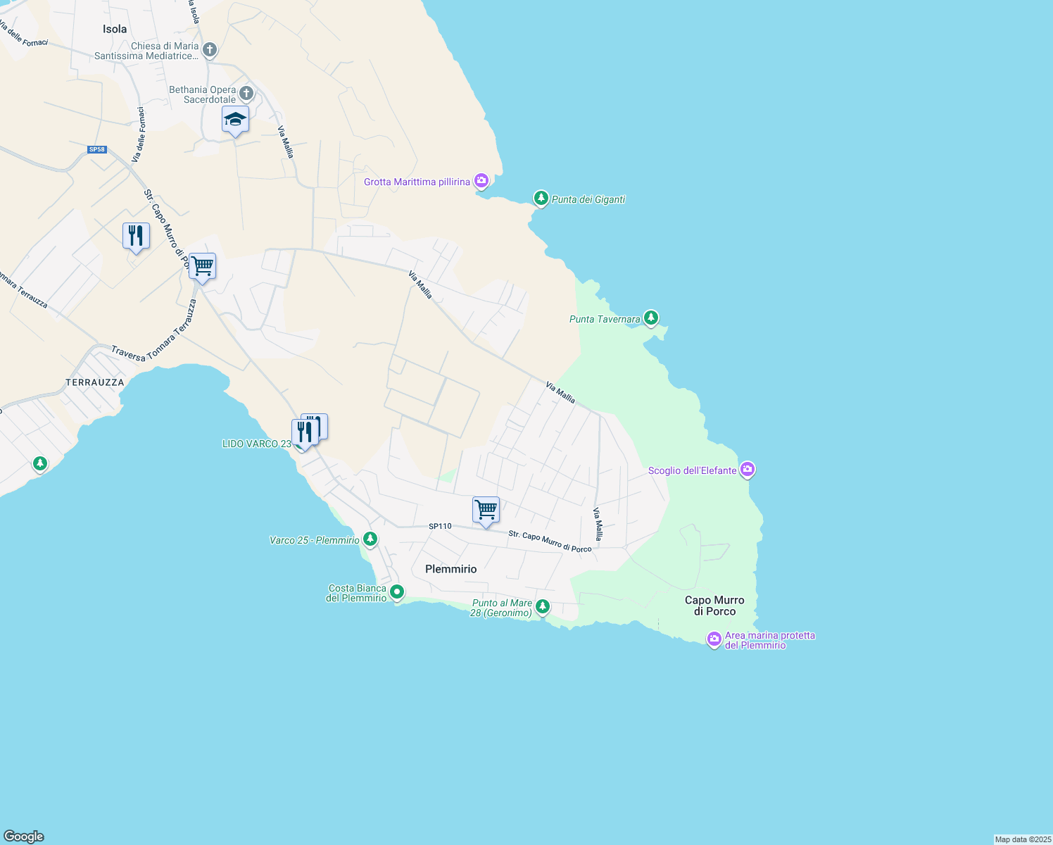 map of restaurants, bars, coffee shops, grocery stores, and more near 6 Via del Ferro in Libero consorzio comunale di Siracusa
