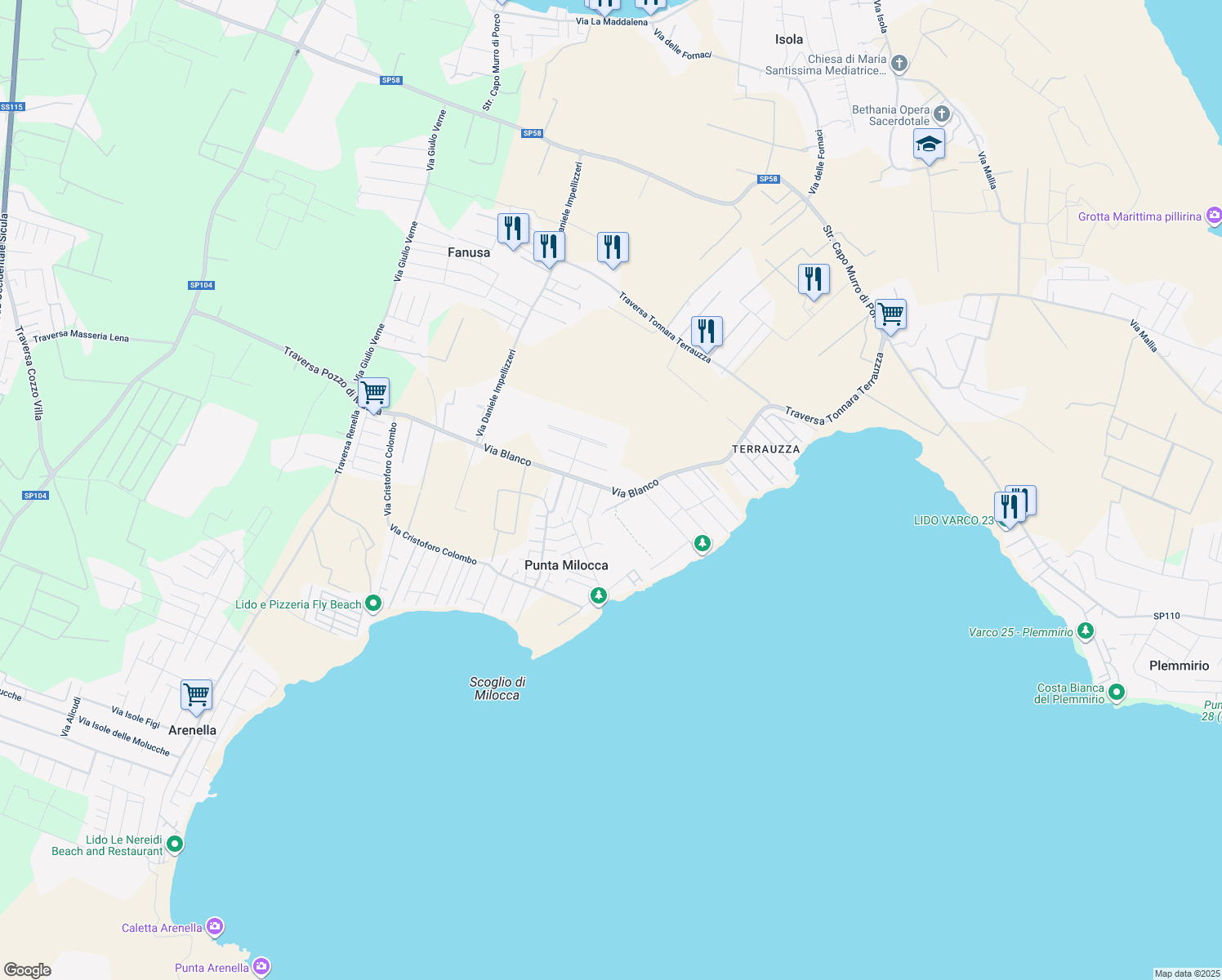 map of restaurants, bars, coffee shops, grocery stores, and more near 8 Via Blanco in Punta Milocca