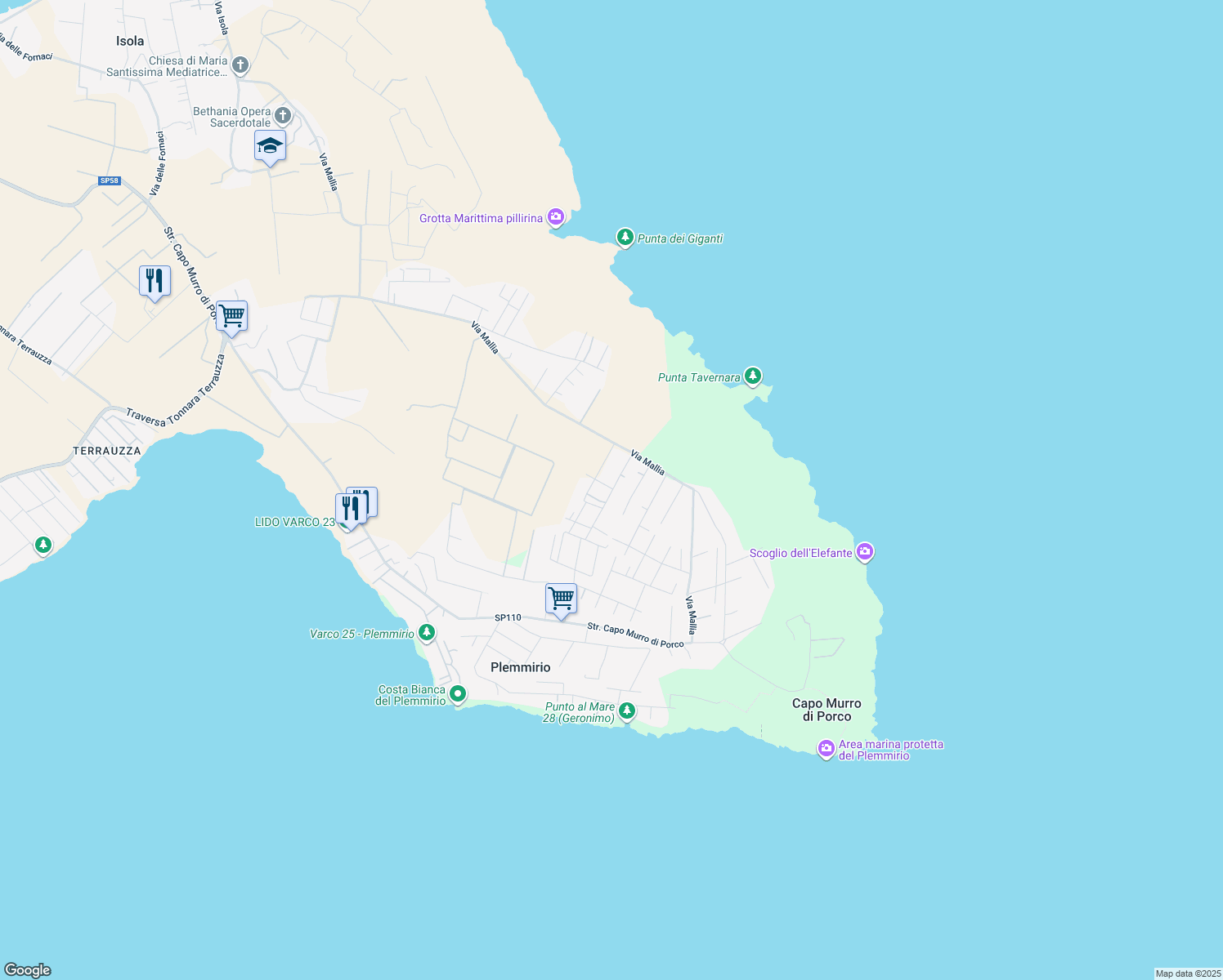 map of restaurants, bars, coffee shops, grocery stores, and more near 6 Via del Ferro in Libero consorzio comunale di Siracusa