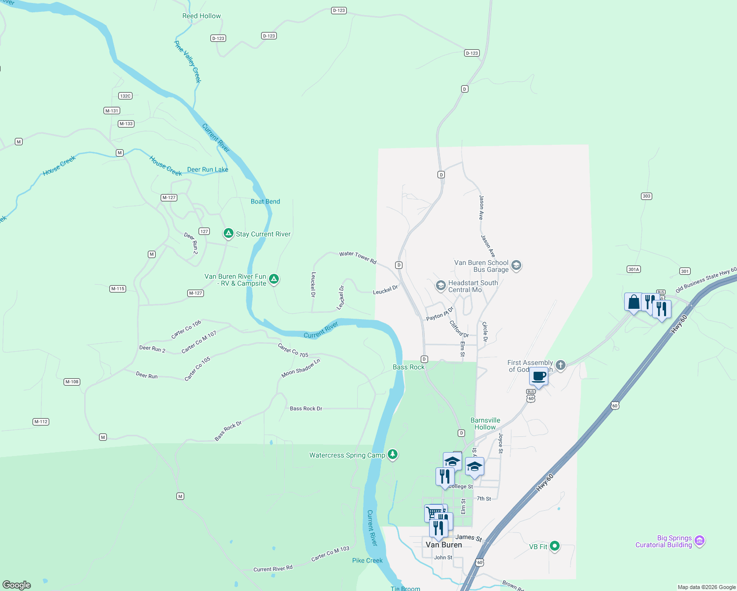 map of restaurants, bars, coffee shops, grocery stores, and more near 69 Rich Bark Lane in Van Buren