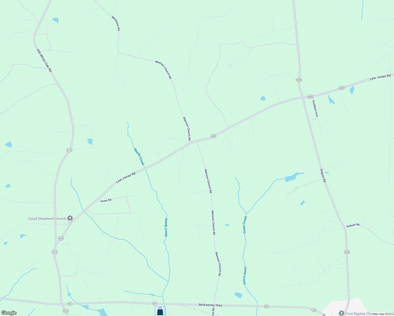 map of restaurants, bars, coffee shops, grocery stores, and more near 18808 Manson Church Road in McKenney