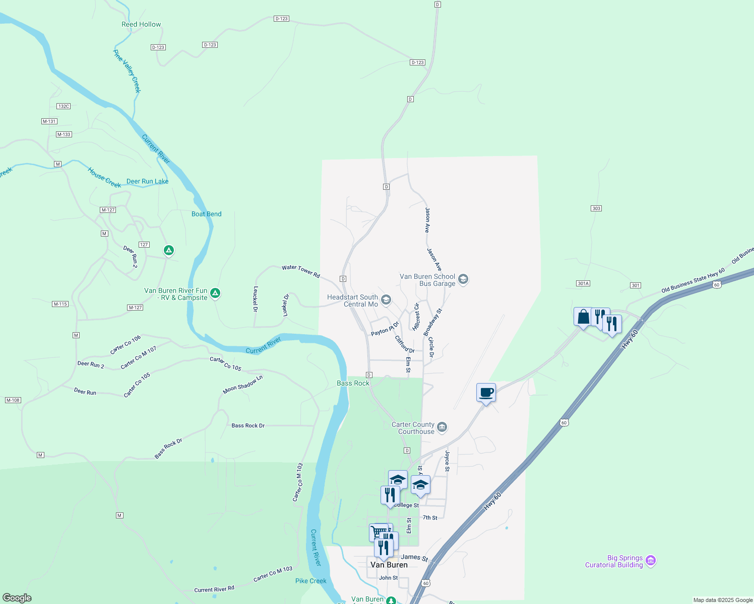 map of restaurants, bars, coffee shops, grocery stores, and more near 1810 Winston Drive in Van Buren