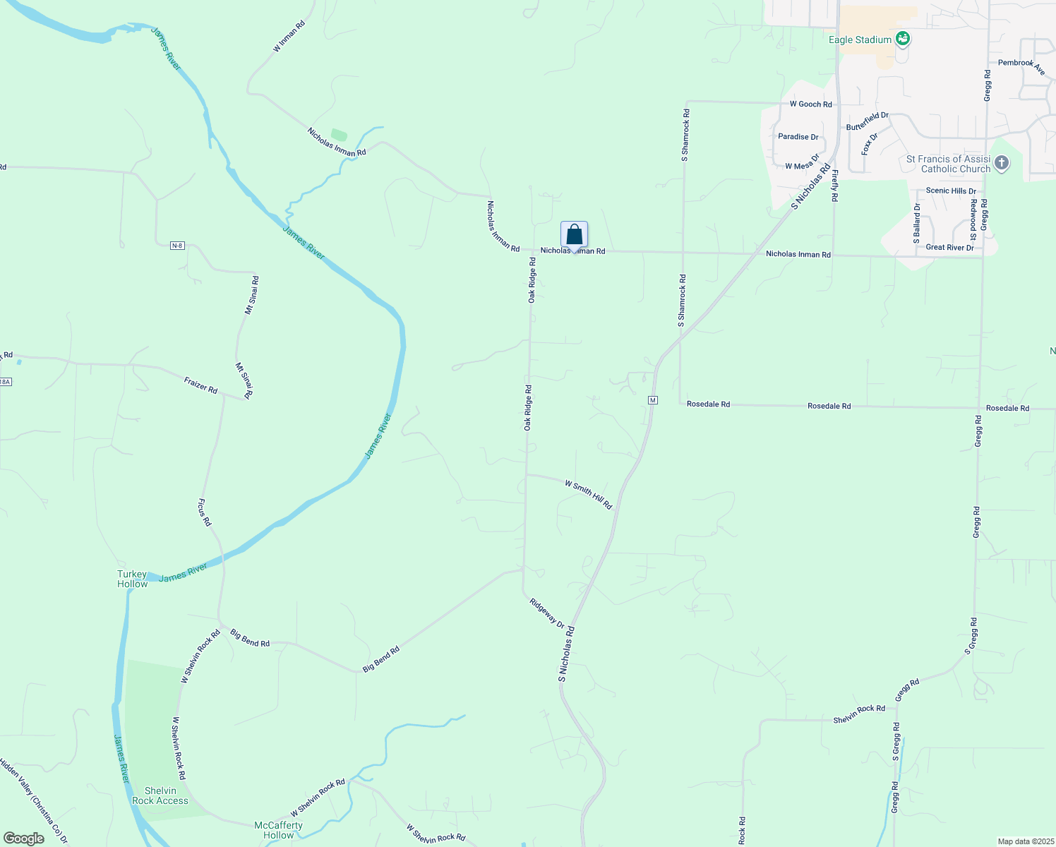 map of restaurants, bars, coffee shops, grocery stores, and more near 1239 Oak Ridge Road in Nixa