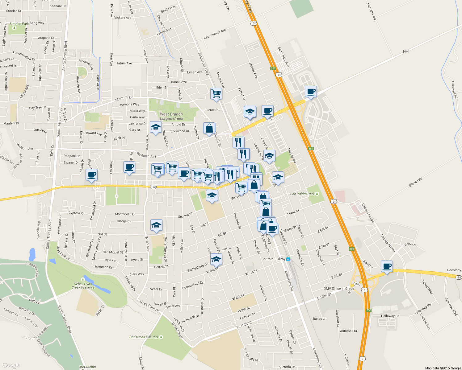 map of restaurants, bars, coffee shops, grocery stores, and more near 7881 Church Street in Gilroy