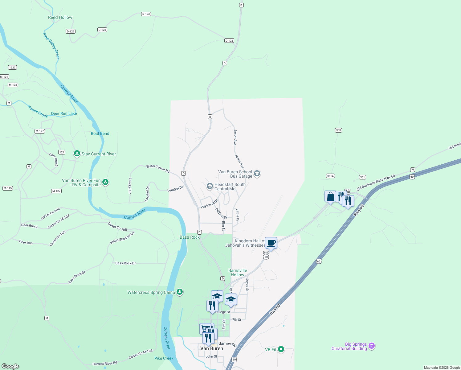 map of restaurants, bars, coffee shops, grocery stores, and more near 1806 Payton Place Drive in Van Buren