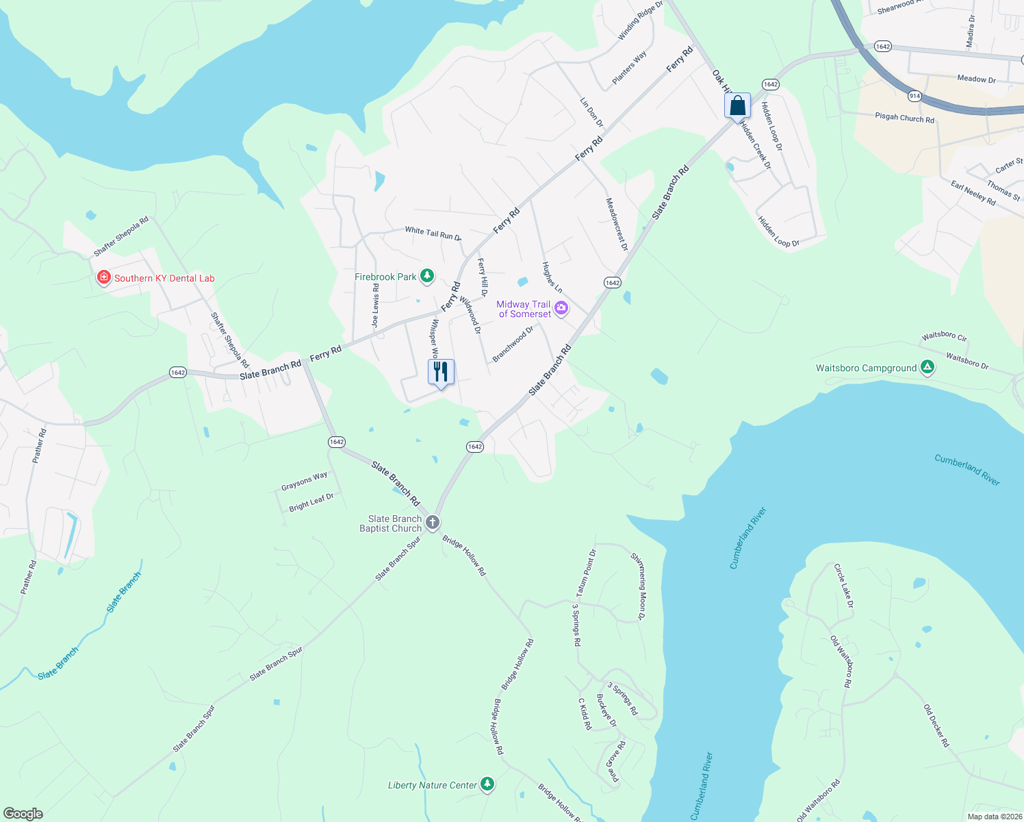 map of restaurants, bars, coffee shops, grocery stores, and more near 2475 Slate Branch Road in Somerset