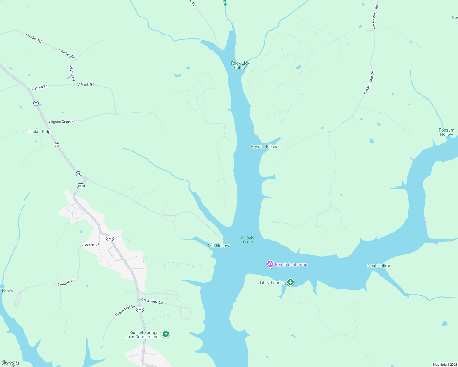 map of restaurants, bars, coffee shops, grocery stores, and more near Alligator Creek Road in Russell Springs