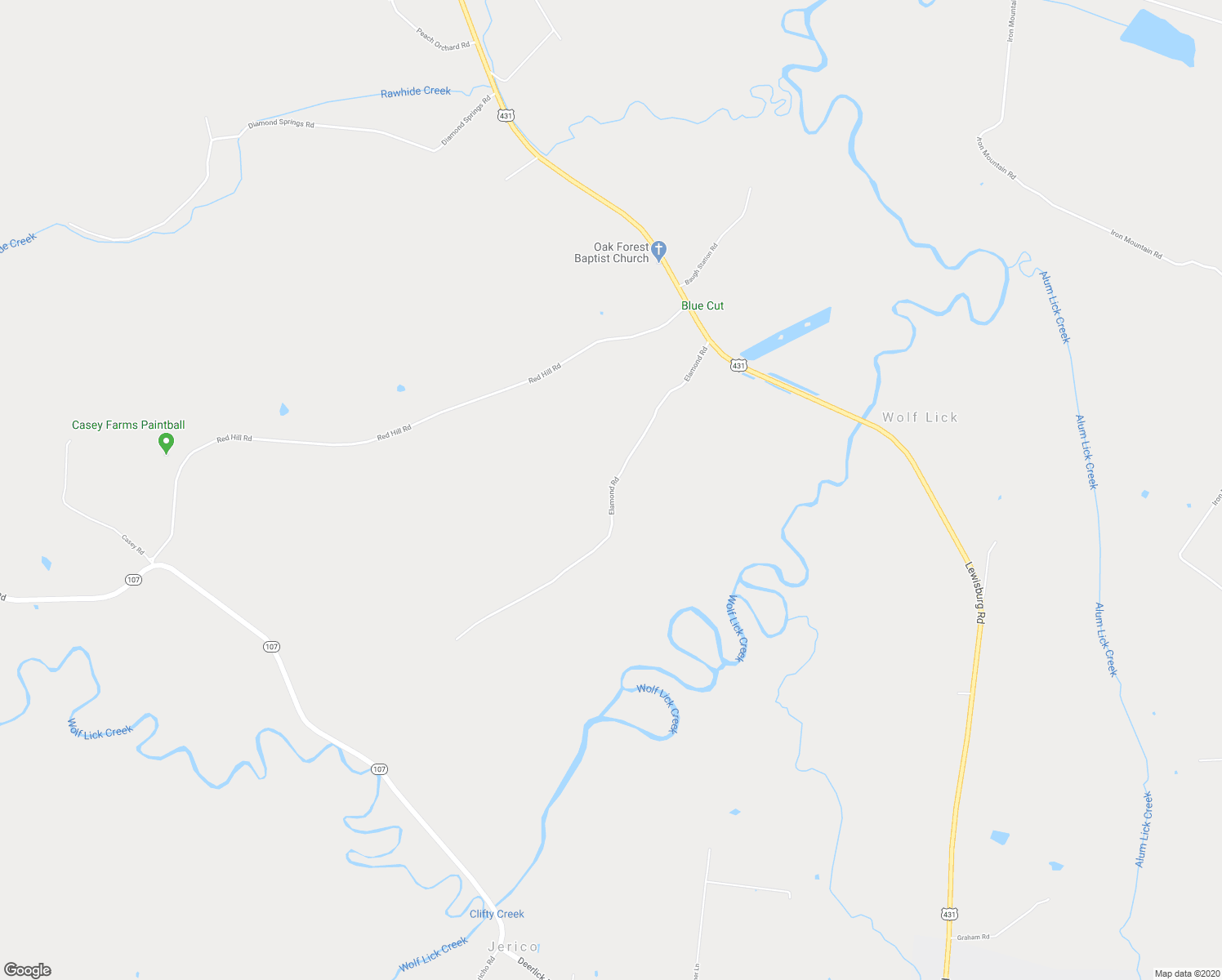 map of restaurants, bars, coffee shops, grocery stores, and more near Elamond Road in Lewisburg