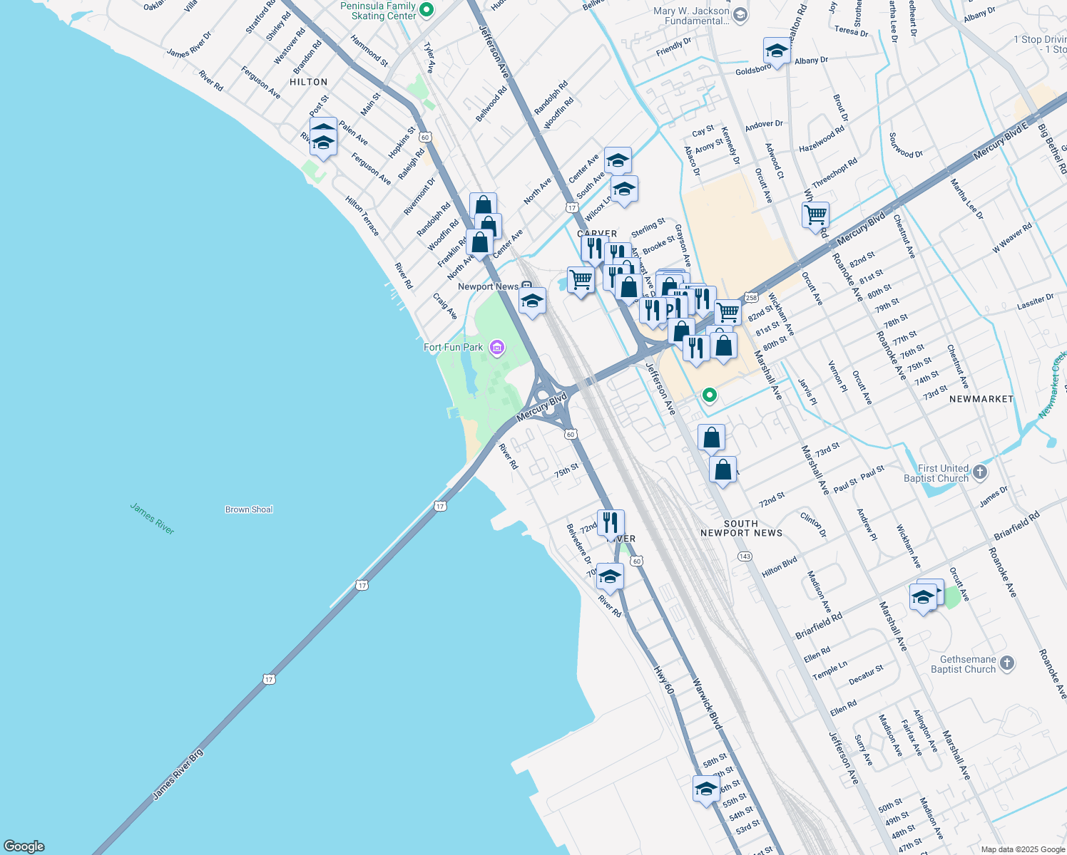 map of restaurants, bars, coffee shops, grocery stores, and more near 53 Towne Square Dr in Newport News