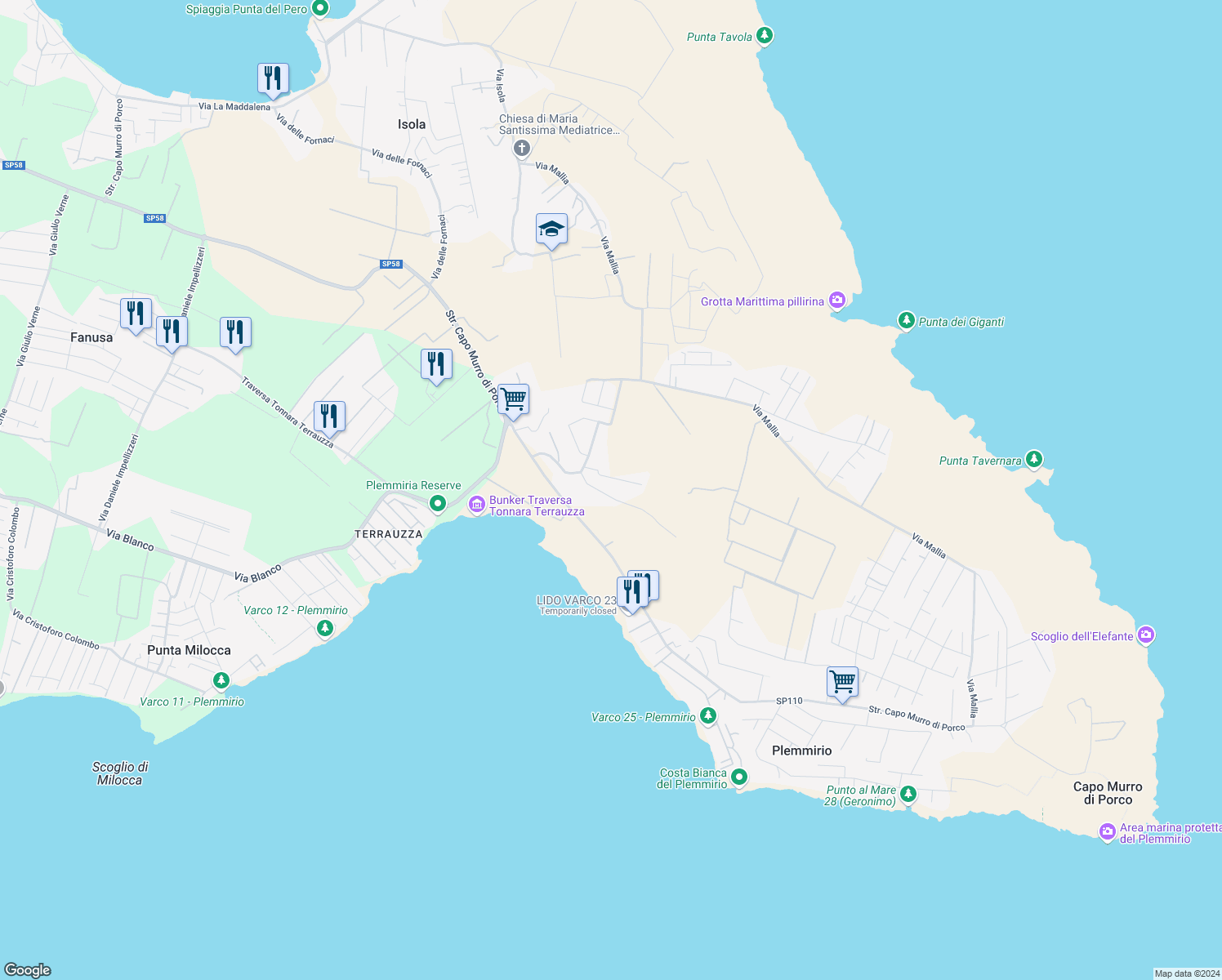 map of restaurants, bars, coffee shops, grocery stores, and more near 21 Via del Salgemma in Libero consorzio comunale di Siracusa