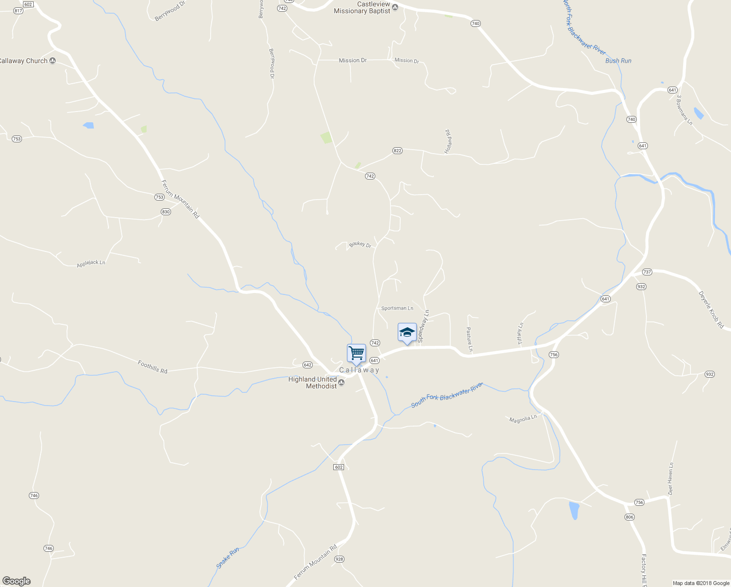 map of restaurants, bars, coffee shops, grocery stores, and more near 231 Bethany Road in Callaway
