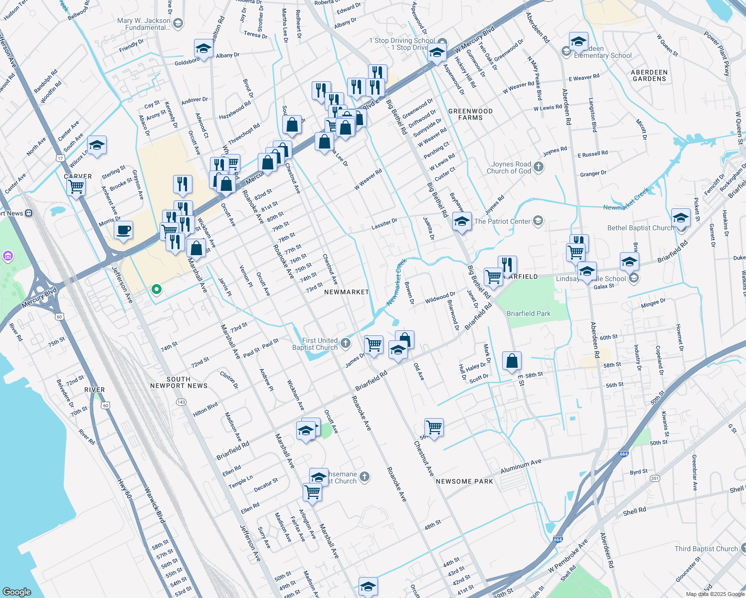 map of restaurants, bars, coffee shops, grocery stores, and more near 7271 Abraham Ct in Newport News