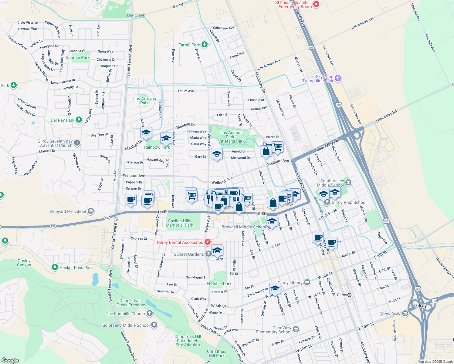 map of restaurants, bars, coffee shops, grocery stores, and more near 740 Welburn Ave in Gilroy
