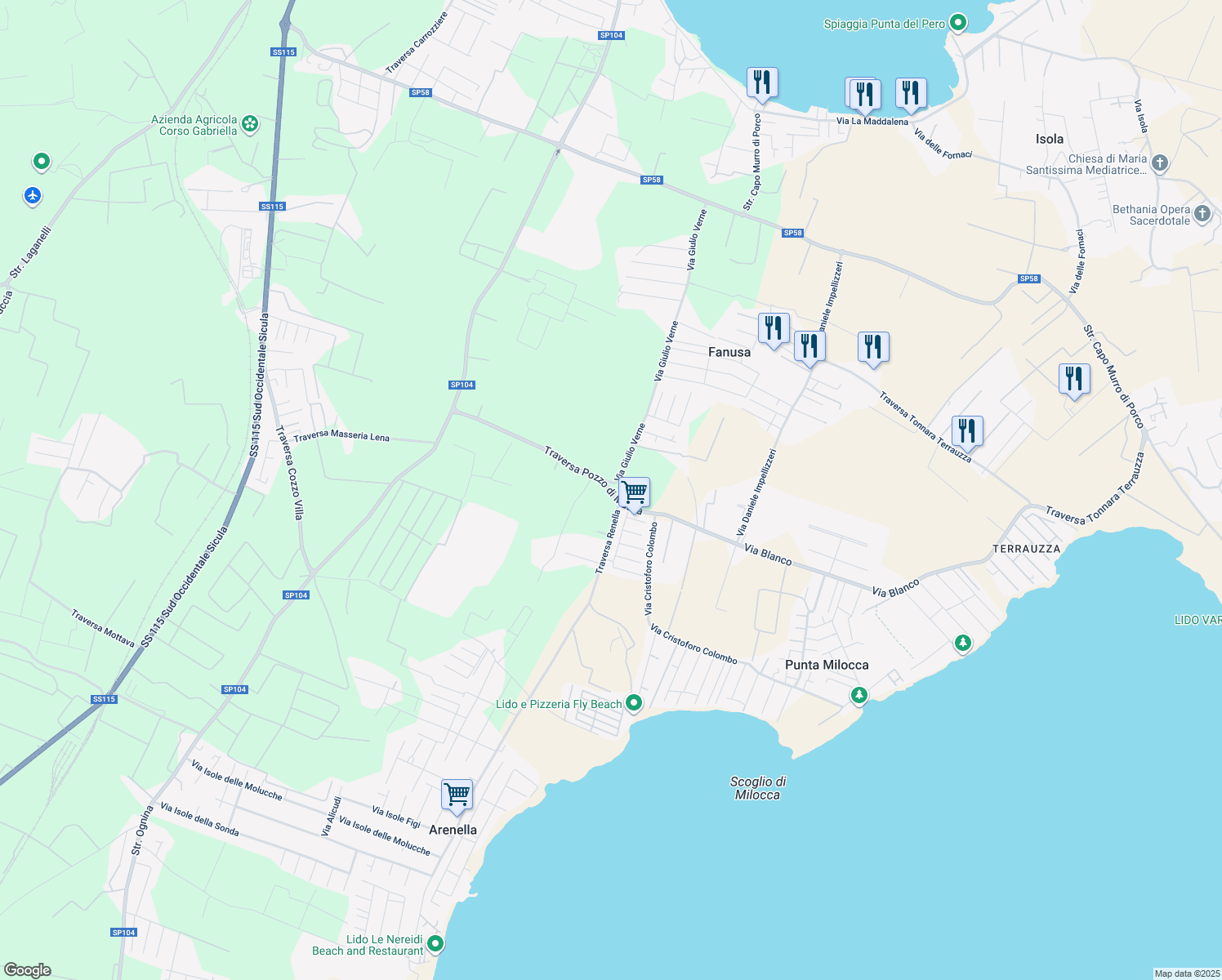 map of restaurants, bars, coffee shops, grocery stores, and more near 5 Traversa Pozzo di Mazza in Provincia di Siracusa