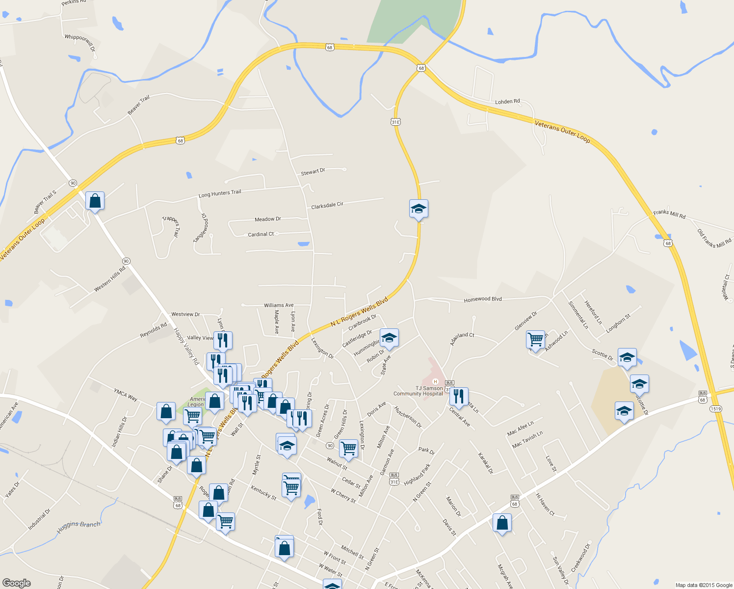 map of restaurants, bars, coffee shops, grocery stores, and more near Columns Plaza Drive in Glasgow