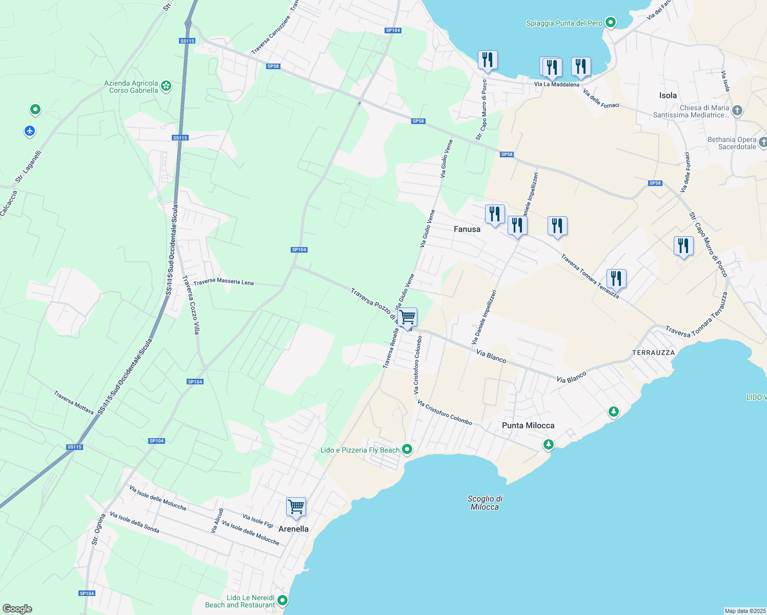 map of restaurants, bars, coffee shops, grocery stores, and more near 5 Traversa Pozzo di Mazza in Provincia di Siracusa
