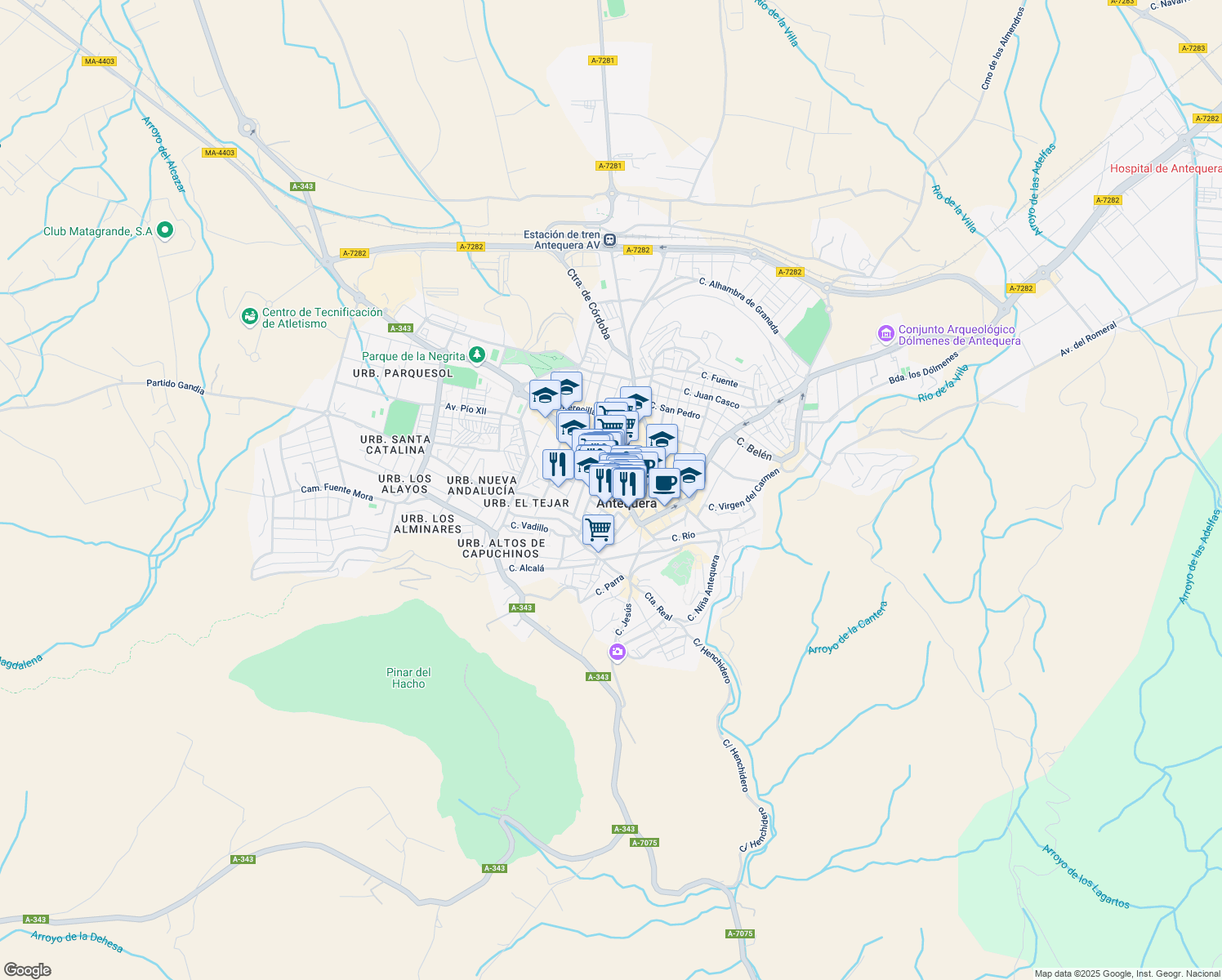 map of restaurants, bars, coffee shops, grocery stores, and more near 4 Calle del Purgatorio in Antequera